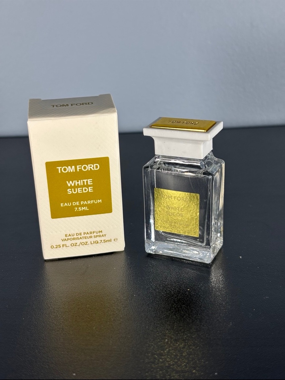 Tom Ford White Suede Mini Perfume Bottle — White with Gold Accents